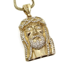 Bling Cartel Jesus Piece Face Iced Pendant Gold Finish Head Charm 36 Inch Long Franco Chain Hip Hop Necklace