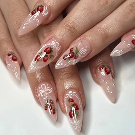Press on Nails Long Almond Cute Strawberry False Nails white Lace Flower Design Fake Nails Artificial Acrylic Nails Full Cover Glossy Reusable Coffin Nails Glue on Nails for Women Supplies 24Pcs