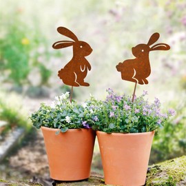 ALEMIN Patina Easter Rabbit Garden Stake Decorative Rust, Easter Bunny, Garden Decoration, Rust Tree Stake, Pack of 2