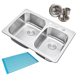 CozyBlock 33 x 22 x 9 Inch 60/40 Offset Top-mount / Drop-in Stainless Steel Double Bowl Kitchen Sink with Strainer and Silicon Dishrack - 18 Gauge Stainless Steel-3 Faucet Hole