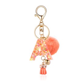 OKAICEN Orange Resin Alphabet Initial Letter Keychain Key Ring for Women Grils Purse Handbags with Fur Ball Pom('A')