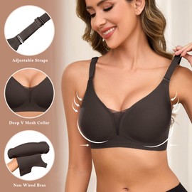 Lonya Women's Bra Without Underwire Seamless Bra Deep V-Neck Non-Wired Soft Mesh Push Up Bra Without Underwire Seamless Padded Bralette Good Support Bra Comfortable Bra Non-Wired Bustier, black