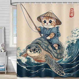 Funny Cat Shower Curtain Vintage Cat Riding Turtle Retro Charm Japanese AnimeBlue Ocean Animal Fabric Waterproof Shower Curtain Cute Hilarious Cat Go Fishing Kids Bath Curtain with 12PCS Hooks 71X71in
