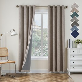 CUCRAF 100% Blackout Curtains Linen Thermal Curtains 54 Inch Drop 2 Panels Soft Texture Energy Saving Sun Blocking Eyelet Curtains for Bedroom Living Room 52 X 54 Inch
