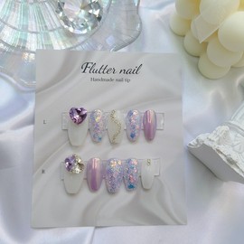 Bora Heartstone Glitter Handmade Nail Tips - Petit Round / 보라 하트스톤 글리터 수제네일팁 - 쁘띠라운드