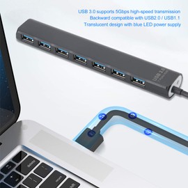 ASHATA USB 3.0 Hub, 7 Port Ultra Slim USB Hub, USB-C Hub Multiport Adapter, for PC Notebook Laptop Ultrabook Tablet PC - Up to 5Gbps
