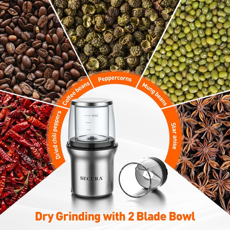 Secura Coffee Grinder Electric, Spice Grinder, Dual Glass Bowls for