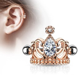 16GA Stainless Steel Tear Drop CZ Crystal Tiara Cartilage Helix Cuff Earring, Stainless Steel, Brass, Cubic Zirconia Crystals, Cubic Zirconia