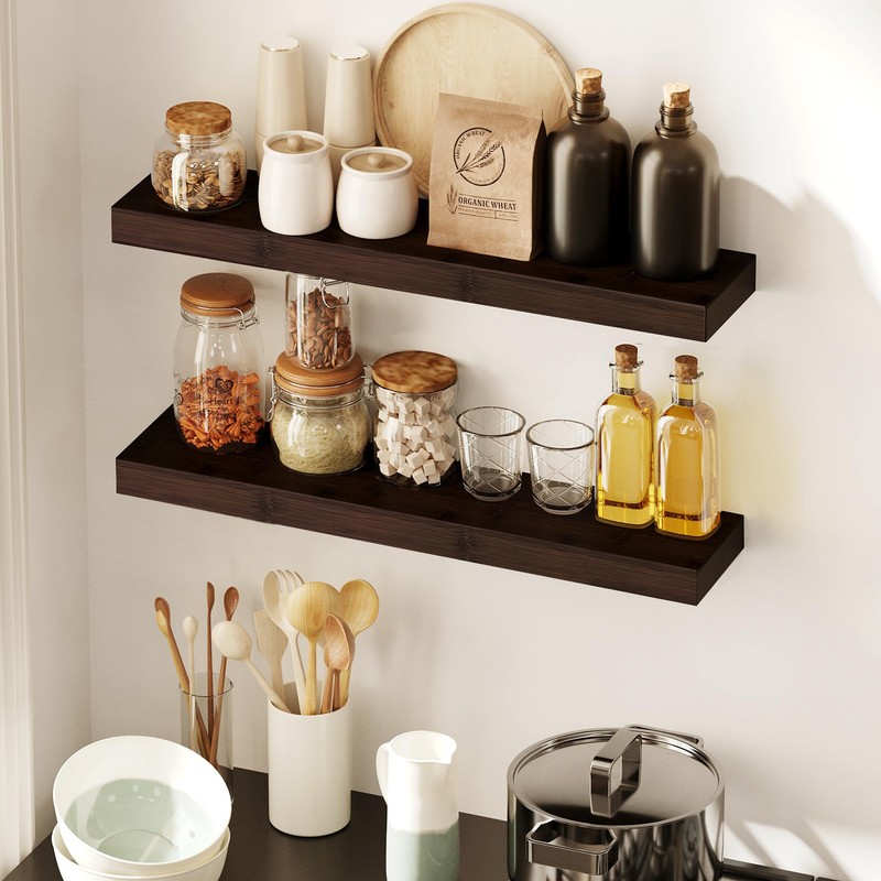 BAMEOS Solid Bamboo Floating Shelves, Set of 2 with Invisible