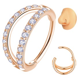 Popuhoops 20G 9mm Rose Gold Doppel Open Stack CZ Nasenring Reifen 316L Chirurgenstahl Helix Rook Conch Knorpel Daith Tragus Ohrringe Scharnierbares Nostril Piercing Septum Clicker 0.8mm Lippenring