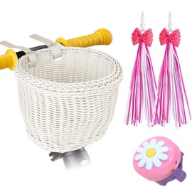 SVNR Kids Bike Basket Set, Girl Bike Basket White Handwoven, Bike Baskets for Kids, Children Cycling Basket with Spare Leather Straps, Bowknot Streamers and Bell Easy Install Detachable