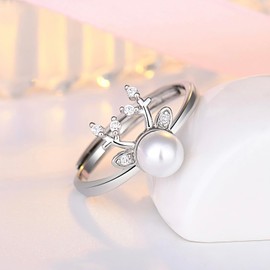YQSENLIN Anillo para Mujer, Anillos de Alce con Perlas, Anillos Zirconia Cúbica Brillante, Chapada en Oro Rosa/Plata, Delicada Anillo Apertura Ajustable, Romántica, Regalo Joyería Cumpleaños y Aniversario para Mujeres