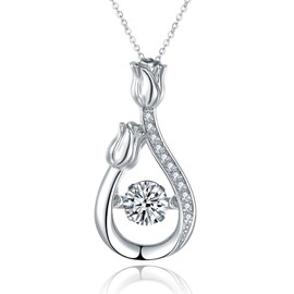 Rose Necklace Rose Flower Diamond Pendant Necklace for Women Dancing CZ Diamond Rose Necklace Teardrop Sterling Silver Cubic Zirconia Rose Jewelry Mother's Day Gift Jiahanzb