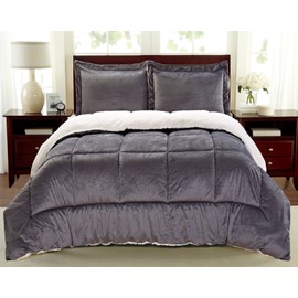 Cathay Home Fashions Reversible Faux Fur and Sherpa 3 Piece Comforter Set, Full, Pewter