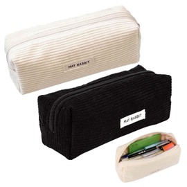 SHUOHONG Pack of 2 Pencil Cases, Corduroy Fabric, Washable Pencil Case, Portable Pencil Case with Zip, Aesthetic Pencil Case for Teenagers, Men and Women, Black+white, simple