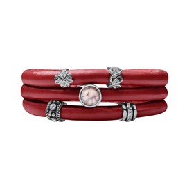 Quiges Leather Wrap Bracelet Red 60-66 cm with Charm Beads Silver-Plated Stainless Steel Magnetic Clasp, Leather, Cubic Zirconia