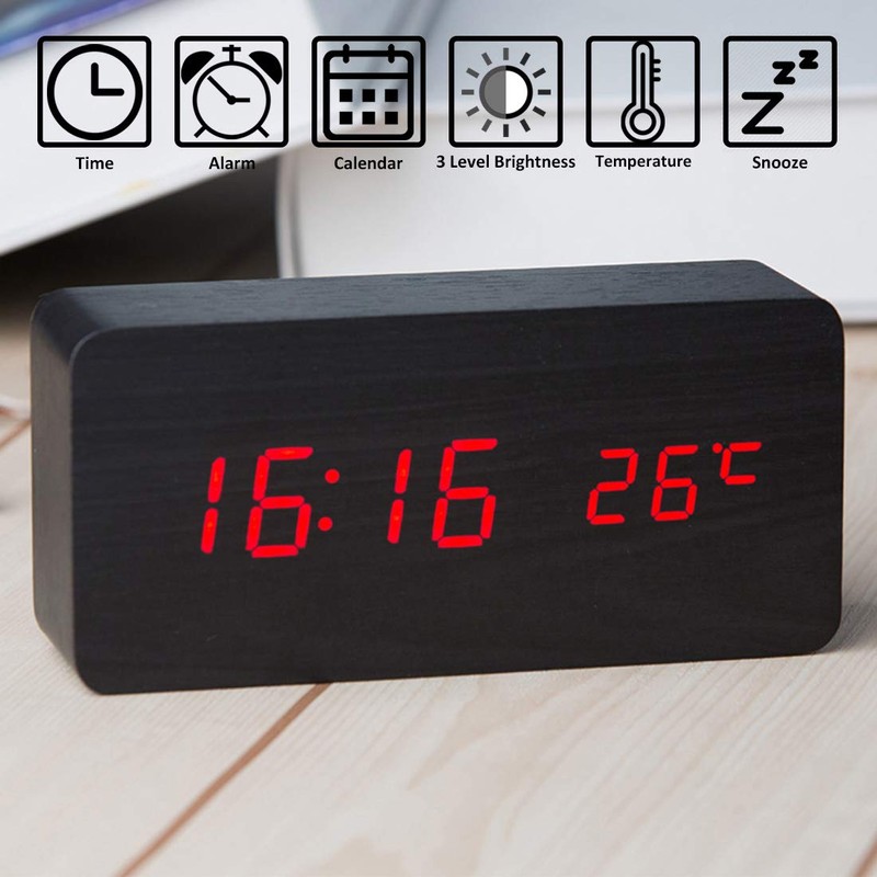 Lancoon Wooden Digital Clock - Multi-Function LED Alarm Clock with