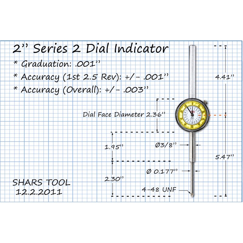 Shars 0-2" High Precision Dial Indicator, Yellow Face, 0.001" Graduation