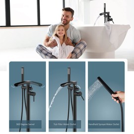 Aolemi Freestanding Bathtub Faucet Floor Mount Tub Filler Standing High Flow Shower Faucets Shower Mixer Taps Swivel with Cylinder Handheld Matte Black, Waterfall Spout
