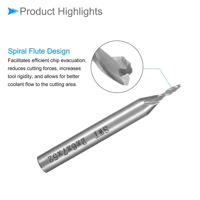 CoCud 2 mm Diameter 7mm Long 2-Blade Spiral End Mill