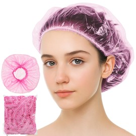 100PCS Disposable Shower Caps, Plastic Shower Caps for Women Men, Waterproof Hair Caps, Waterproof Hair Caps for Home Use, Hotel, Spa, and Hair Salon, Pink