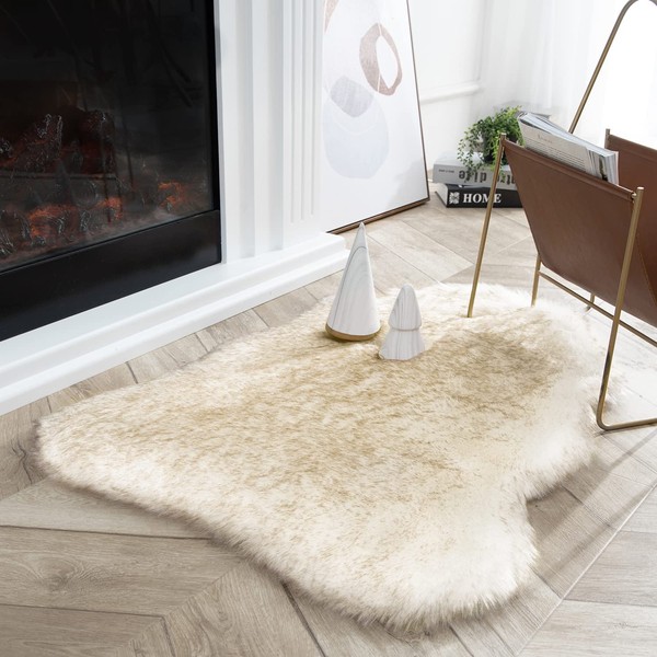 Ashler HOME DECO Ultra Soft Faux Fox Fur Rug White Brown Fluffy Area Rug, Carpets Fluffy Rug Chair Couch Cover for Bedroom Floor Sofa Living Room 2 x 2.8 ft