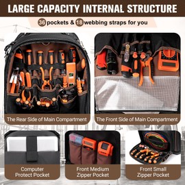 Tool Backpack Heavy Duty, Tool Bag Backpack with Laptop Compartment & Molded Base, 1680D Oxford, Multiple Pockets for Men, Electricians, Construction Workers, HVAC