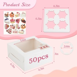 OAMCEG 50 Pack Cupcake Boxes with Window 6x6x3 Inches White Cookie Boxes, Bakery Treat Boxes with Stickers & Twine for Pastry, Desserts, Strawberries, Cupcakes, Gift Giving