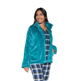 LA CERA Plush Bed Jacket - Women's Fleece Bed Jackets, Stylish Banded Collar, Long Sleeves, Front Pockets, Button Front, 100% Polyester, Machine Washable, Medium Size, Teal Color