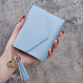 Elegant Women'S Short Wallet With Heart-Shaped Tassel - Fashionable Pu Leather, Foldable Design With Secure Clasp Closure Purses For Women Leather Handbags For Women - Color: Blue B