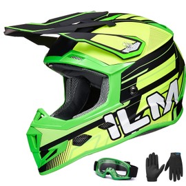 ILM Youth Kids Dirt Bike Helmets ATV Motocross Motorcycle Off-Road Dirtbike Full Face Dot Four Wheeler Helmet Combo Gloves Goggles for Boys Girls Model H613(Fluorescent, Small)