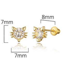 14k Gold Plated Brass Cat Cubic Zirconia Screwback Baby Girls Earrings with Sterling Silver Post