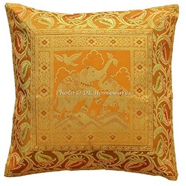 DK Homewares Indian Couch Cushion Cover 40 x 40 cm Gold Brocade Jacquard Weave Cushion Covers Decorative Zip Elephant Square Bohemian Cushion Cover Animal Motif - 1 Piece (Cover Only)