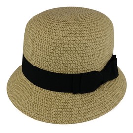 Trendy Apparel Shop Womens Trendy Cloche Paper Braid Bucket Hat - TAN Tweed