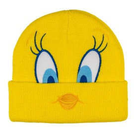 AI ACCESSORY INNOVATIONS Looney Tunes Tweety Bird Cuff Beanie, Jacquad Knit with Embroidered Appliques, Yellow