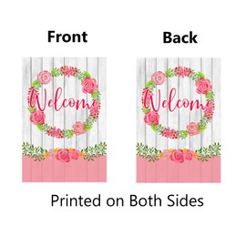 Spring Welcome Garden Flag 12.5x18 Valentine Pink Rose Flower Wreath Garden Flag Romantic Spring Summer Floral Decor Yard Sign for Anniversary Wedding Valentine's Day Outdoor Decoration