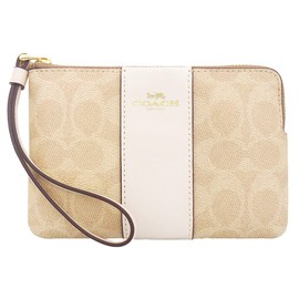 Coach FCW854 CW854 Signature Coated Canvas Leather Corner Zip Wristlet Accessory Pouch Women's [Outlet Product], Sand x Chalk