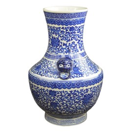 15" Classic Blue and White Floral Porcelain Vase, Double Lion Head Ears Ceramic China Ming Style, Free Wood Base