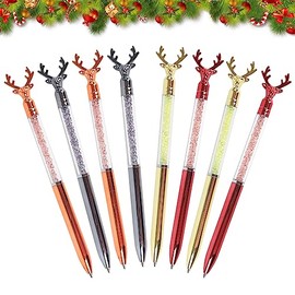 Gukasxi 8 Pcs Christmas Ballpoint Pen, Deer Head Shaped Ballpoint Pen, Metal Crystal Diamond Glitter Retractable Ballpoint Pens for Women Girls School Wedding Office Desk Supplies, Blue Ink, 0.7mm
