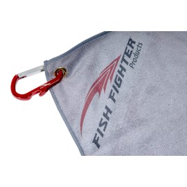 Fish Fighter Fishing Towel - Microfiber Bait Towel - 16" x 16" Grey with Carabiner & Bottle Opener