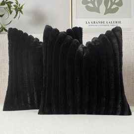 MIULEE Faux Fur Decorative Throw Pillow Covers 20x20 Inch Set of 2, French Modern Art Home Decor Soft Plush Couch Pillows Cozy Fluffy Cushion Covers for Sofa Bed Black