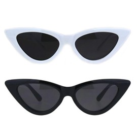 SA106 Girls Kid Size Mod Plastic Cat Eye Minimal Chic Retro Sunglasses ([2-Pack] Black and White)
