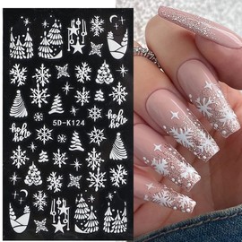 Christmas Nail Art Stickers 5D Self-Adhesive Embossed Santa Claus Elk Xmas Tree White Snowflakes Nail Stickers Winter Nail Design Christmas Holiday Nail Decals for Women Girls Nail Decoration 3 Sheets