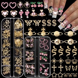 96 Pcs Gold Nail Charms, Multi Shapes Cherry Heart Planet Snakes Butterfly Star Cross Dollar Crown Alloy Golden Nail Y2k Charms Gems for Nails Art Supplies