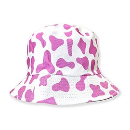 Robelli Unisex Reversible Summer Bucket Hat - Fun Festival Colourful Designs (BH14 WHITE/PINK COW PRINT)
