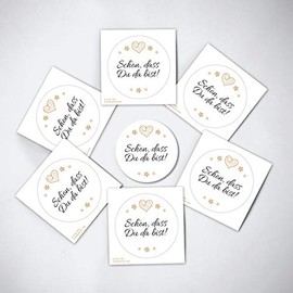 100 Stickers "Schön, dass du da Bist" Labels for Party Favours or Party Bags for Weddings Christening Birthday Anniversary (4.5 cm Round)