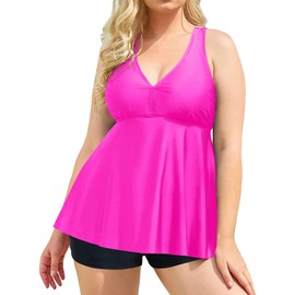 Aqua Eve Trajes de baño de Dos Piezas para Mujer, Trajes de baño Tankini con Pantalones Cortos atléticos con Cuello en V, Hot Pink, 12 Plus