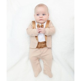 Lilax Baby Boy Gentleman Tuxedo Footie Christmas Holiday Outfit with Bow Tie (3 Months, Beige)
