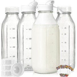 4 Pack 1 Liter Glass Milk Bottles w Scale, 100% Airtight Heavy Duty Screw Lid - 32 Oz Drinking Jars w 2 Pour Spouts - Glass Bottles for Milk, Honey, Jam, Creamer - Dishwasher Safe(Extra 2 Lids)