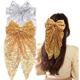 2Pcs Big Glitter Hair Bows for Women, 8 Inch Sequin Hair Bows Clips Sparkly Large Long Bows Style Hair Accessories